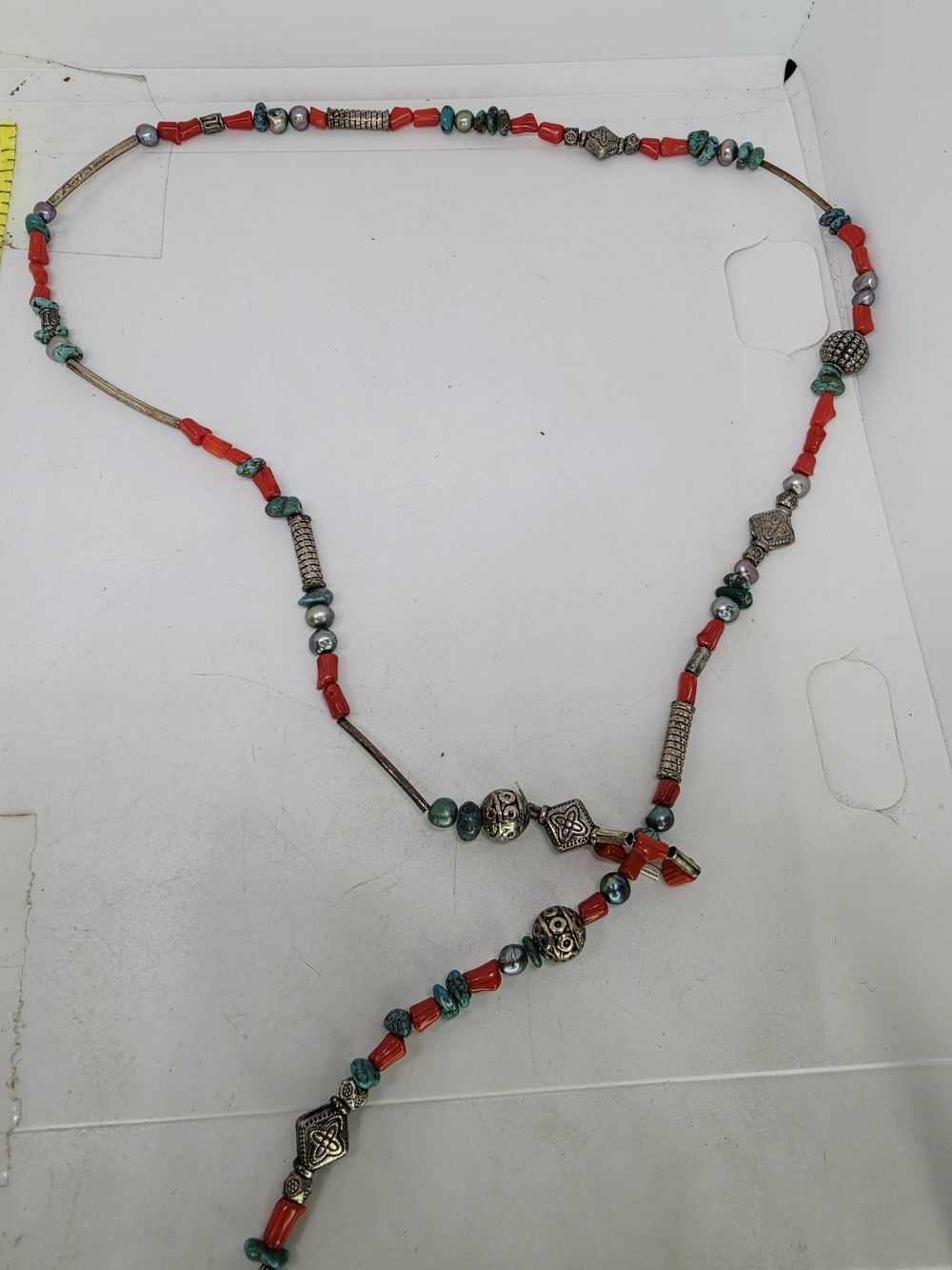 Vtg Coral Peacock Pearl Turquoise Nugget Bench Southwest Lariat Wrap Necklace